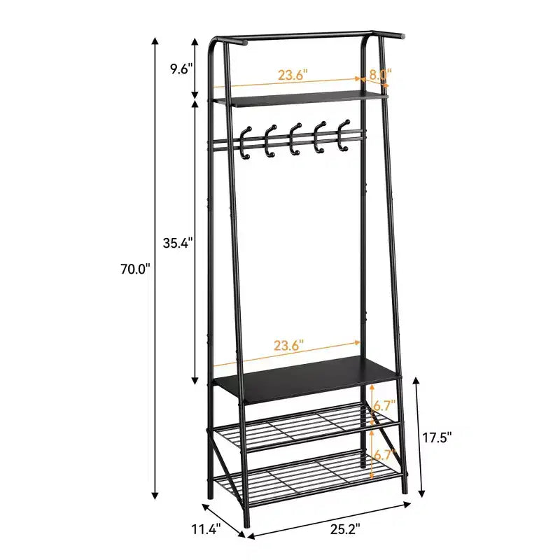 GustoWave Appendiabiti con Scarpiera e 10 Ganci, Attaccapanni Autoportante 3-in-1, Mobile da Ingresso con Contenitore, Stand Appendiabiti con Struttura in Metallo
