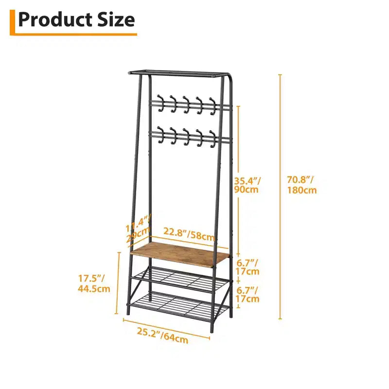 GustoWave Appendiabiti con Scarpiera e 10 Ganci, Attaccapanni Autoportante 3-in-1, Mobile da Ingresso con Contenitore, Stand Appendiabiti con Struttura in Metallo