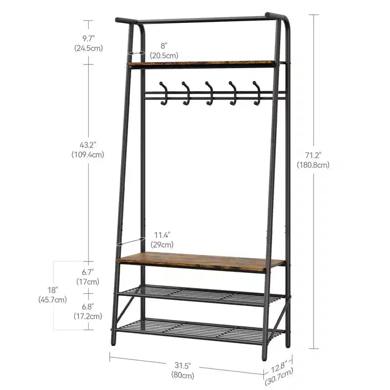 GustoWave Appendiabiti con Scarpiera e 10 Ganci, Attaccapanni Autoportante 3-in-1, Mobile da Ingresso con Contenitore, Stand Appendiabiti con Struttura in Metallo