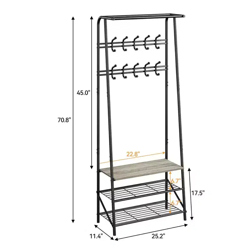GustoWave Appendiabiti con Scarpiera e 10 Ganci, Attaccapanni Autoportante 3-in-1, Mobile da Ingresso con Contenitore, Stand Appendiabiti con Struttura in Metallo