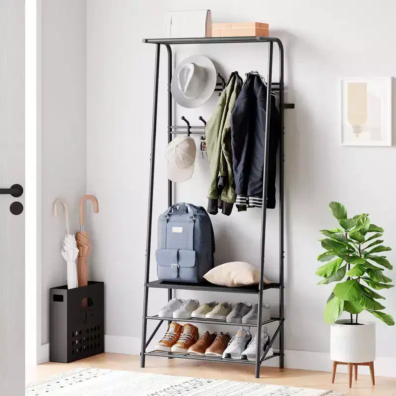 GustoWave Coat Rack with Shoe Storage & 10 Hooks, 3-in-1 Freestanding Coat Stand, Entryway Hall Tree with Storage, Metal Frame Clothes Rack