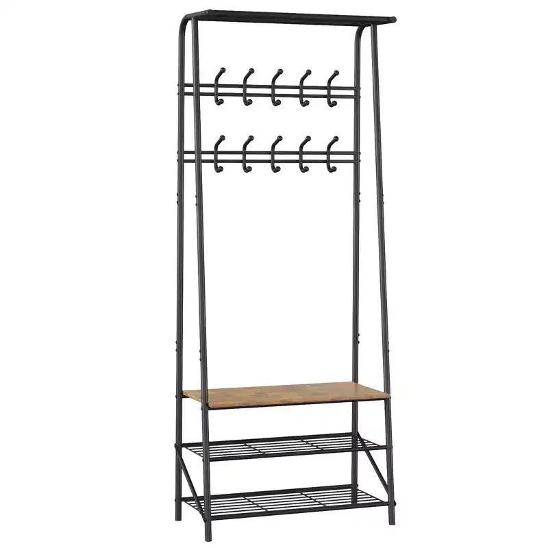 GustoWave Appendiabiti con Scarpiera e 10 Ganci, Attaccapanni Autoportante 3-in-1, Mobile da Ingresso con Contenitore, Stand Appendiabiti con Struttura in Metallo