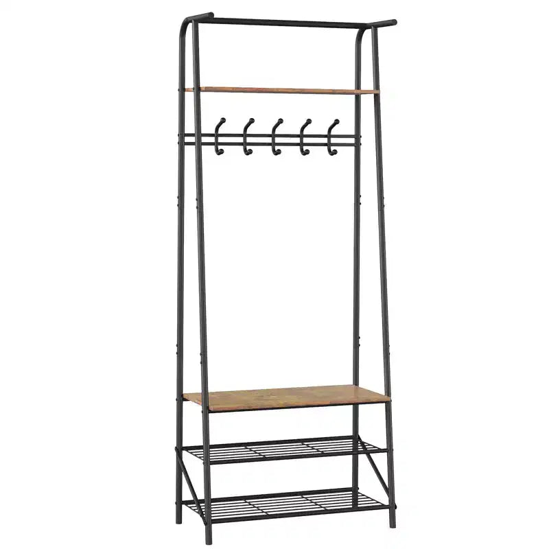 GustoWave Appendiabiti con Scarpiera e 10 Ganci, Attaccapanni Autoportante 3-in-1, Mobile da Ingresso con Contenitore, Stand Appendiabiti con Struttura in Metallo