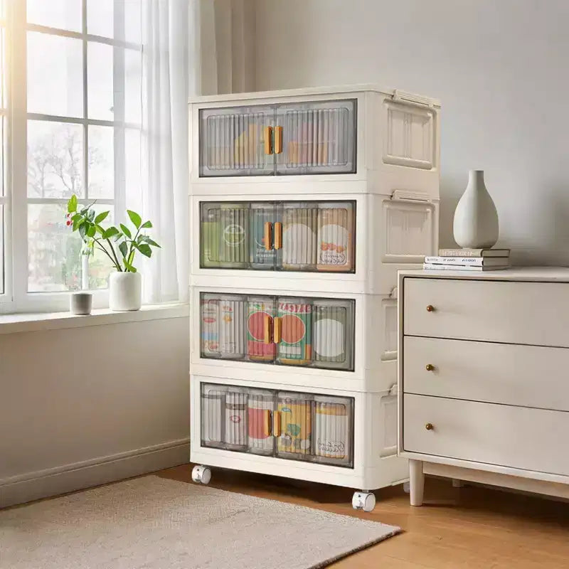 Large Stackable Storage Bins with Doors, Foldable Plastic Storage Cabinet on Wheels for Home Office