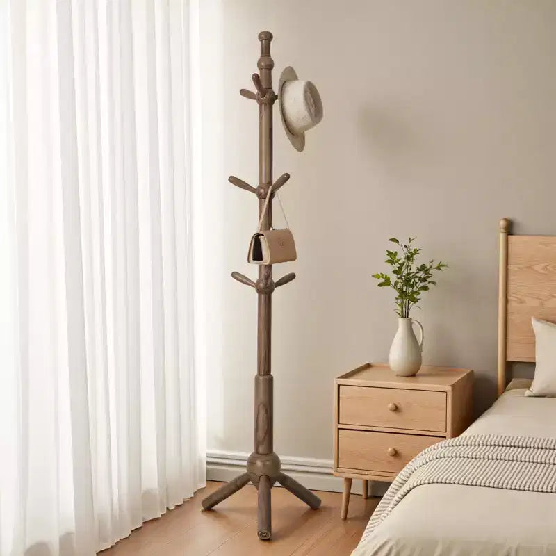 Bekrvio Appendiabiti in legno massello autoportante a 9 ganci, altezza regolabile, appendiabiti da terra in legno resistente per ingresso, camera da letto, ufficio, finitura noce