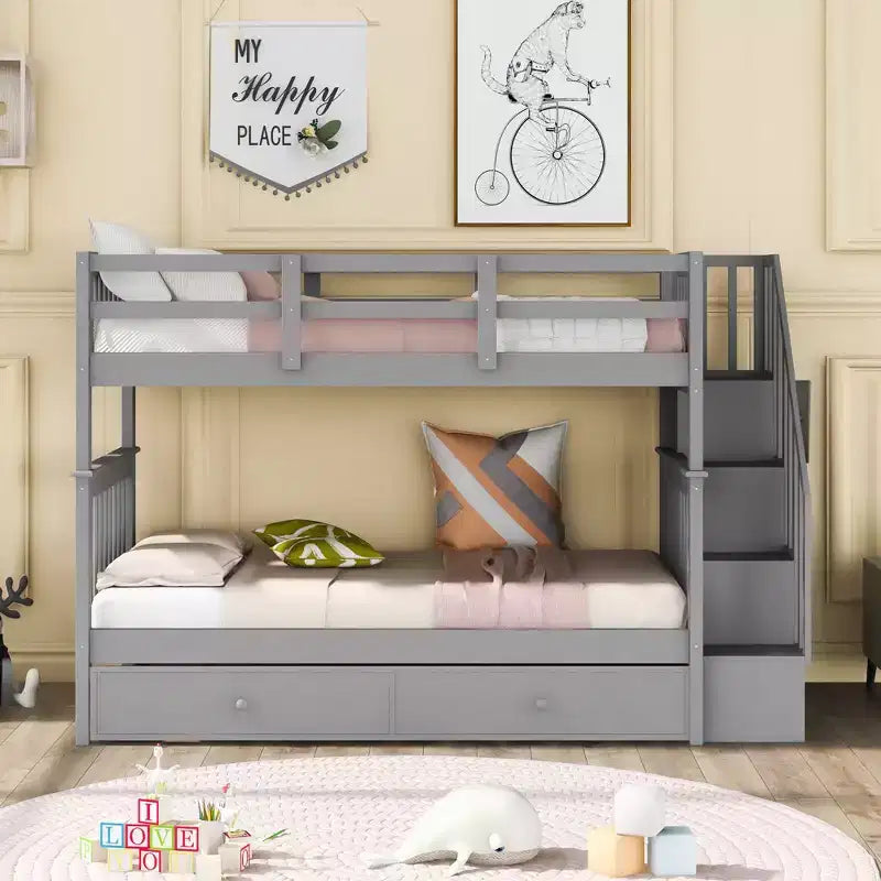 Letto a castello a due piazze con letto estraibile a scomparsa, struttura per letto a castello per bambini con ringhiera di protezione per dormitorio in camera da letto