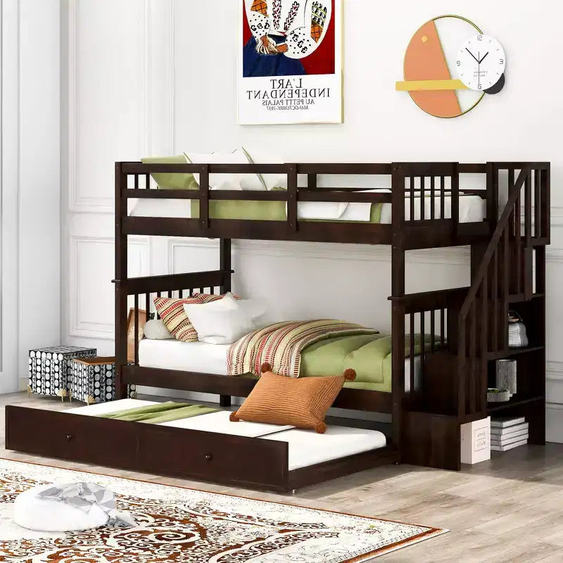 Stairway Twin over Twin Bunk Bed with Trundle, Kids Bunk Bed Frame with Guard Rail for Bedroom Dorm