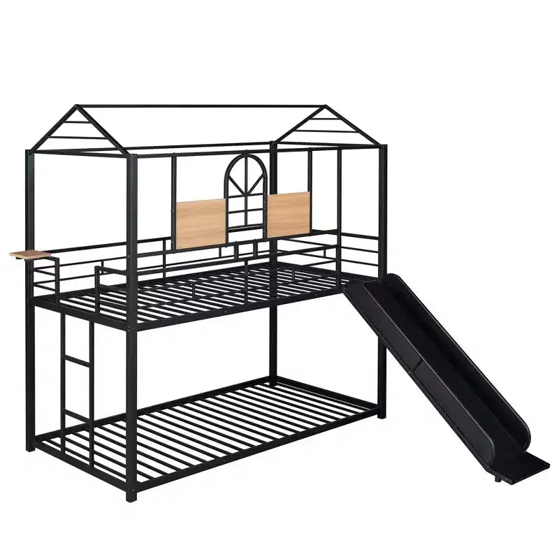Letto a castello in metallo, letto a castello doppio con scivolo, letto a castello doppio a forma di casetta con sponde per la cameretta dei bambini