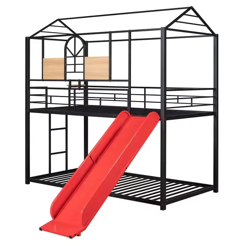 Letto a castello in metallo, letto a castello doppio con scivolo, letto a castello doppio a forma di casetta con sponde per la cameretta dei bambini