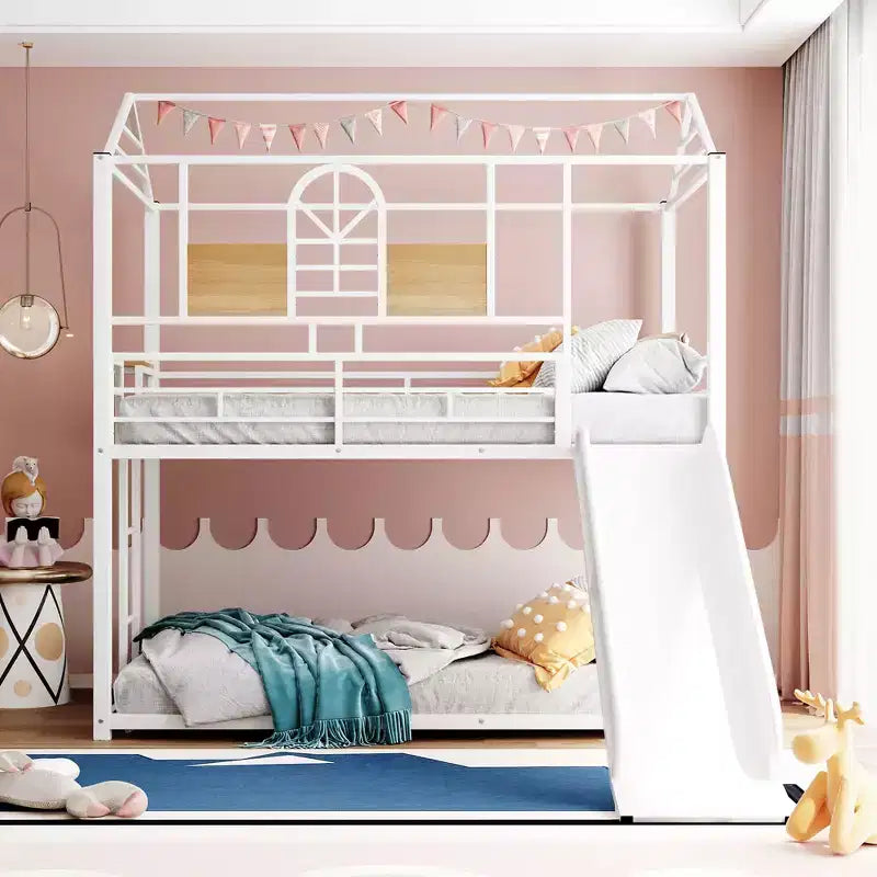 Letto a castello in metallo, letto a castello doppio con scivolo, letto a castello doppio a forma di casetta con sponde per la cameretta dei bambini