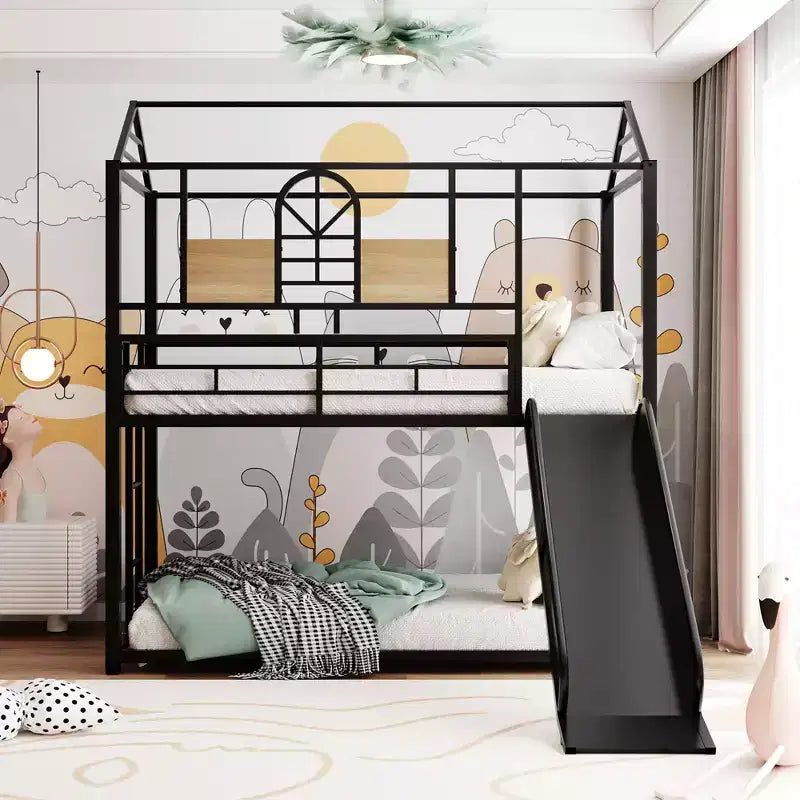 Letto a castello in metallo, letto a castello doppio con scivolo, letto a castello doppio a forma di casetta con sponde per la cameretta dei bambini