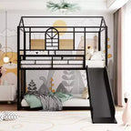 Letto a castello in metallo, letto a castello doppio con scivolo, letto a castello doppio a forma di casetta con sponde per la cameretta dei bambini