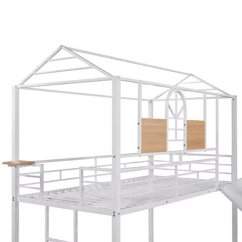 Letto a castello in metallo, letto a castello doppio con scivolo, letto a castello doppio a forma di casetta con sponde per la cameretta dei bambini