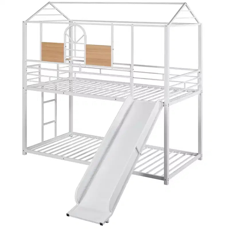 Letto a castello in metallo, letto a castello doppio con scivolo, letto a castello doppio a forma di casetta con sponde per la cameretta dei bambini