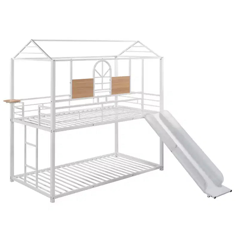 Letto a castello in metallo, letto a castello doppio con scivolo, letto a castello doppio a forma di casetta con sponde per la cameretta dei bambini