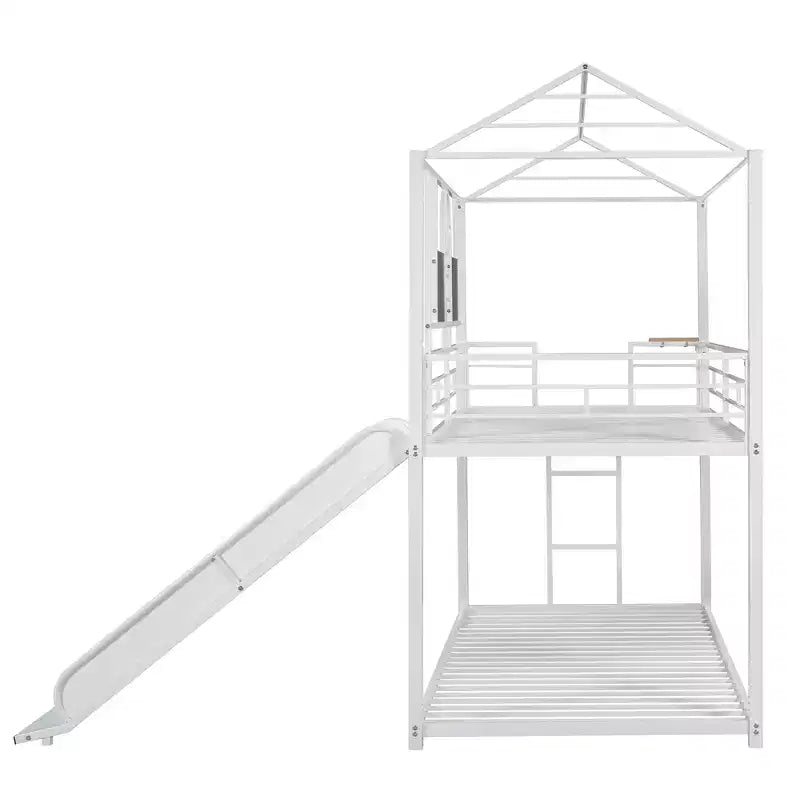 Letto a castello in metallo, letto a castello doppio con scivolo, letto a castello doppio a forma di casetta con sponde per la cameretta dei bambini