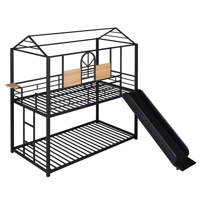 Letto a castello in metallo, letto a castello doppio con scivolo, letto a castello doppio a forma di casetta con sponde per la cameretta dei bambini