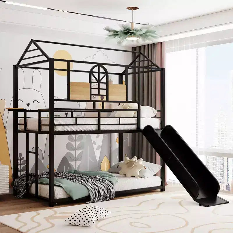 Metal Bunk Bed Twin over Twin Bunk Bed Frame with Slide, Twin over House Bed with Guardrails for Kids Bedroom