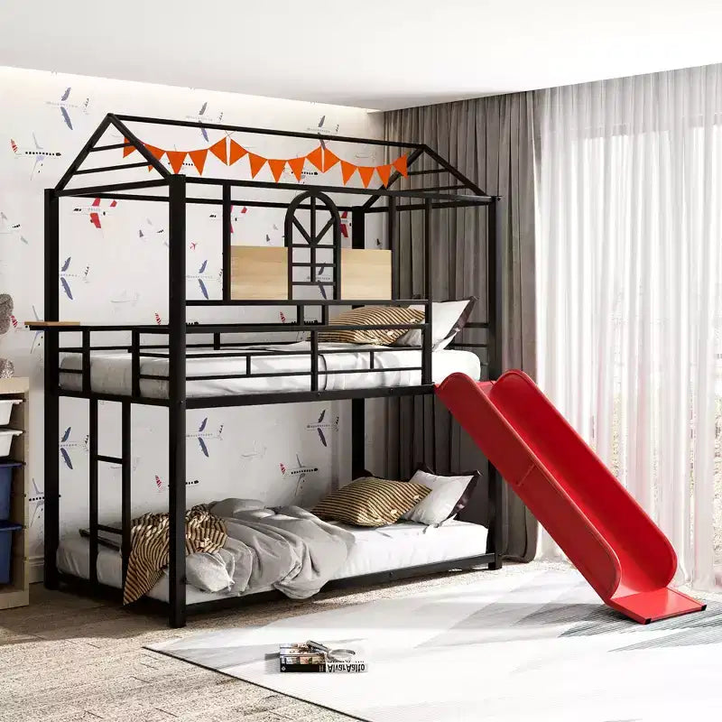 Letto a castello in metallo, letto a castello doppio con scivolo, letto a castello doppio a forma di casetta con sponde per la cameretta dei bambini