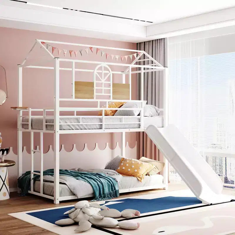 Letto a castello in metallo, letto a castello doppio con scivolo, letto a castello doppio a forma di casetta con sponde per la cameretta dei bambini