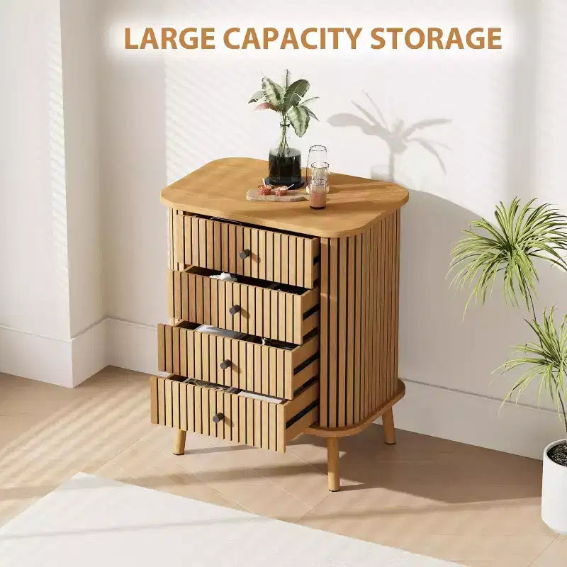 COZONY Cassettiera in Vimini a 4 Cassetti con Gambe in Legno, Mobile Contenitore Naturale con Maniglie Nere, Cassettiera Multifunzione per Camera da Letto Soggiorno Ingresso