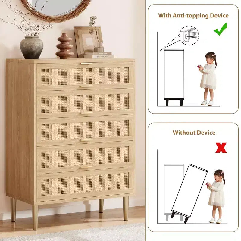COZONY Cassettiera a 5 cassetti in Rattan, Comò Alto Moderno con Maniglie e Gambe Dorate, Mobile Contenitore da Camera da Letto con Design Antiribaltamento