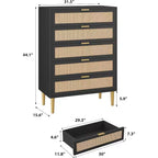 COZONY Cassettiera a 5 cassetti in Rattan, Comò Alto Moderno con Maniglie e Gambe Dorate, Mobile Contenitore da Camera da Letto con Design Antiribaltamento
