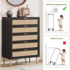 COZONY Cassettiera a 5 cassetti in Rattan, Comò Alto Moderno con Maniglie e Gambe Dorate, Mobile Contenitore da Camera da Letto con Design Antiribaltamento