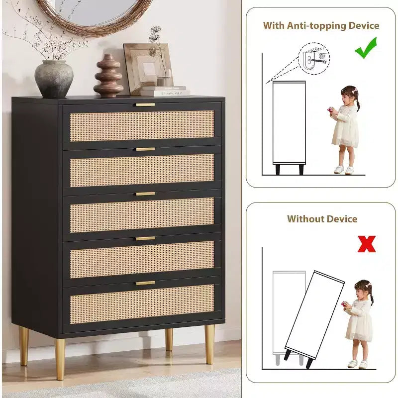 COZONY Cassettiera a 5 cassetti in Rattan, Comò Alto Moderno con Maniglie e Gambe Dorate, Mobile Contenitore da Camera da Letto con Design Antiribaltamento