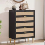 COZONY Cassettiera a 5 cassetti in Rattan, Comò Alto Moderno con Maniglie e Gambe Dorate, Mobile Contenitore da Camera da Letto con Design Antiribaltamento