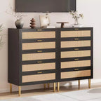 COZONY Cassettiera a 5 cassetti in Rattan, Comò Alto Moderno con Maniglie e Gambe Dorate, Mobile Contenitore da Camera da Letto con Design Antiribaltamento