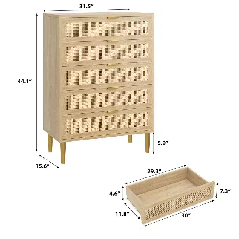 COZONY Cassettiera a 5 cassetti in Rattan, Comò Alto Moderno con Maniglie e Gambe Dorate, Mobile Contenitore da Camera da Letto con Design Antiribaltamento