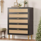 COZONY Rattan 5 Drawer Dresser, Modern Tall Chest of Drawers with Gold Handles & Legs, Bedroom Storage Cabinet with Anti-Tipping Design