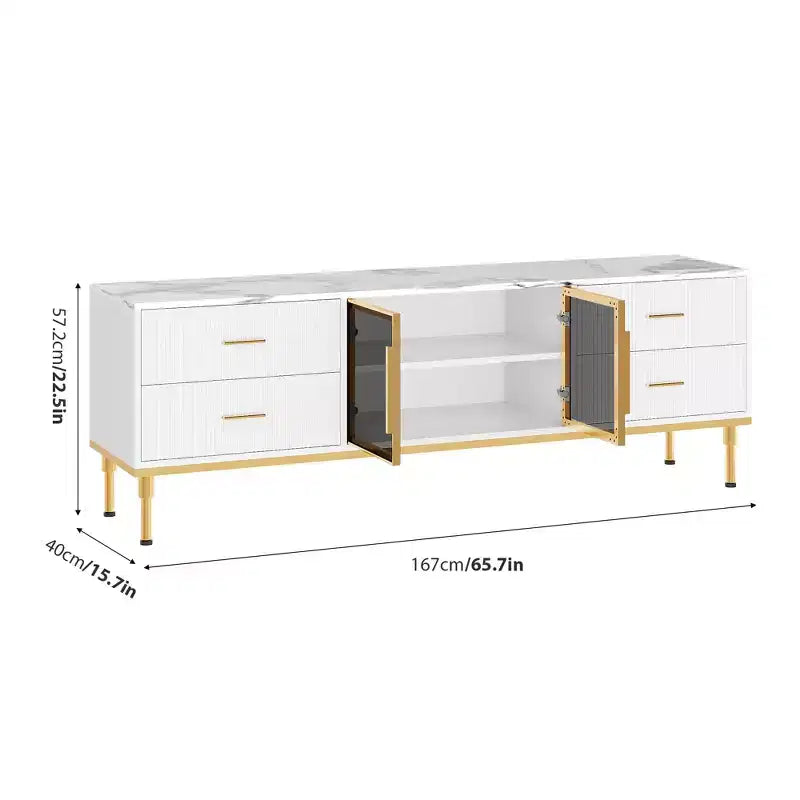 COZONY 66 Mobile TV scanalato, Centro di Intrattenimento Moderno per TV fino a 75 pollici, Consolle Media in Legno, 4 Cassetti e Porta in Vetro per Soggiorno