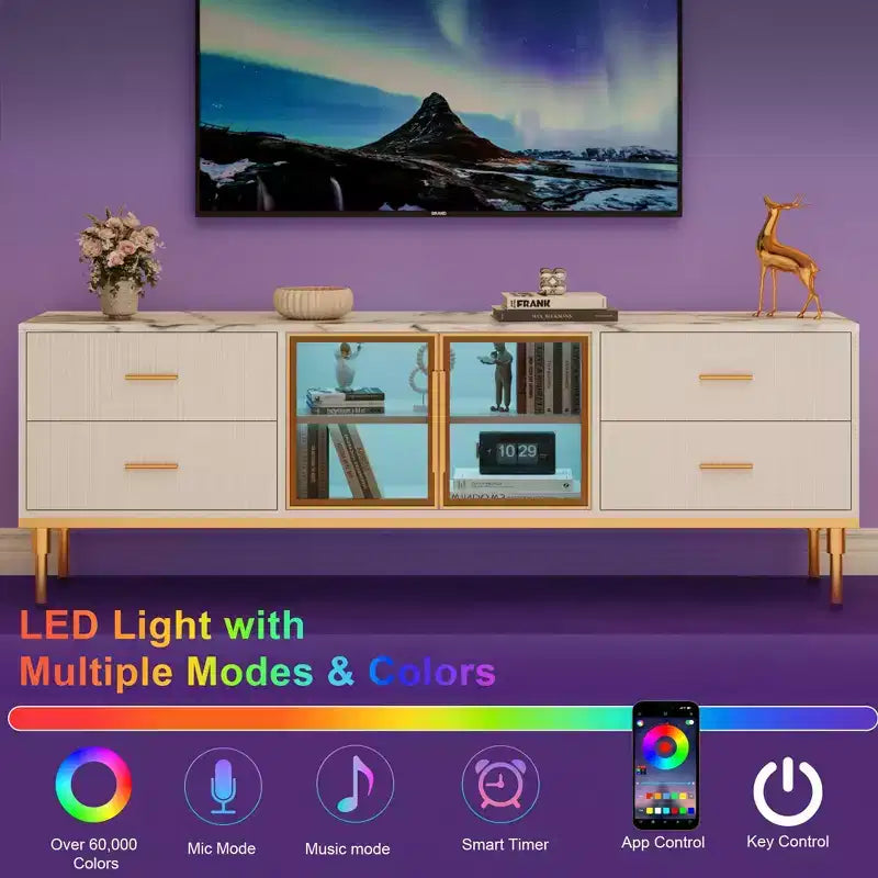 COZONY 66 Mobile TV scanalato, Centro di Intrattenimento Moderno per TV fino a 75 pollici, Consolle Media in Legno, 4 Cassetti e Porta in Vetro per Soggiorno