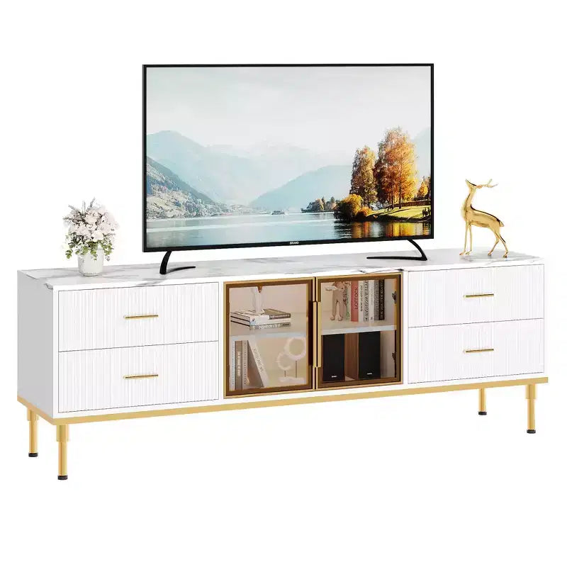COZONY 66 Mobile TV scanalato, Centro di Intrattenimento Moderno per TV fino a 75 pollici, Consolle Media in Legno, 4 Cassetti e Porta in Vetro per Soggiorno