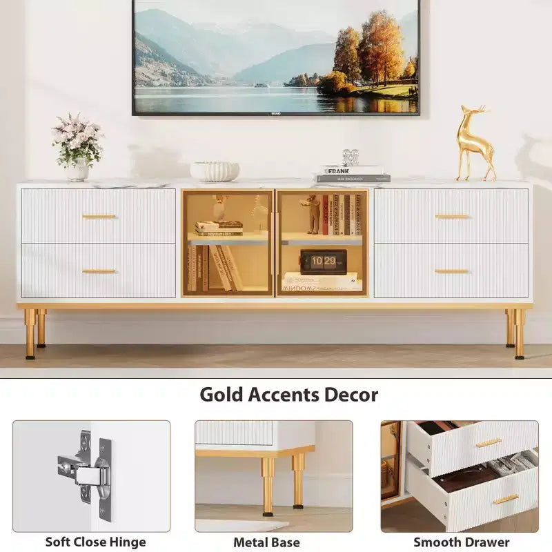 COZONY 66 Mobile TV scanalato, Centro di Intrattenimento Moderno per TV fino a 75 pollici, Consolle Media in Legno, 4 Cassetti e Porta in Vetro per Soggiorno