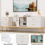 COZONY 66 Mobile TV scanalato, Centro di Intrattenimento Moderno per TV fino a 75 pollici, Consolle Media in Legno, 4 Cassetti e Porta in Vetro per Soggiorno