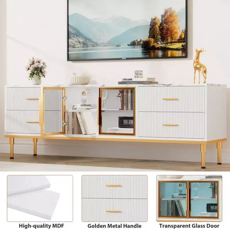 COZONY 66 Mobile TV scanalato, Centro di Intrattenimento Moderno per TV fino a 75 pollici, Consolle Media in Legno, 4 Cassetti e Porta in Vetro per Soggiorno