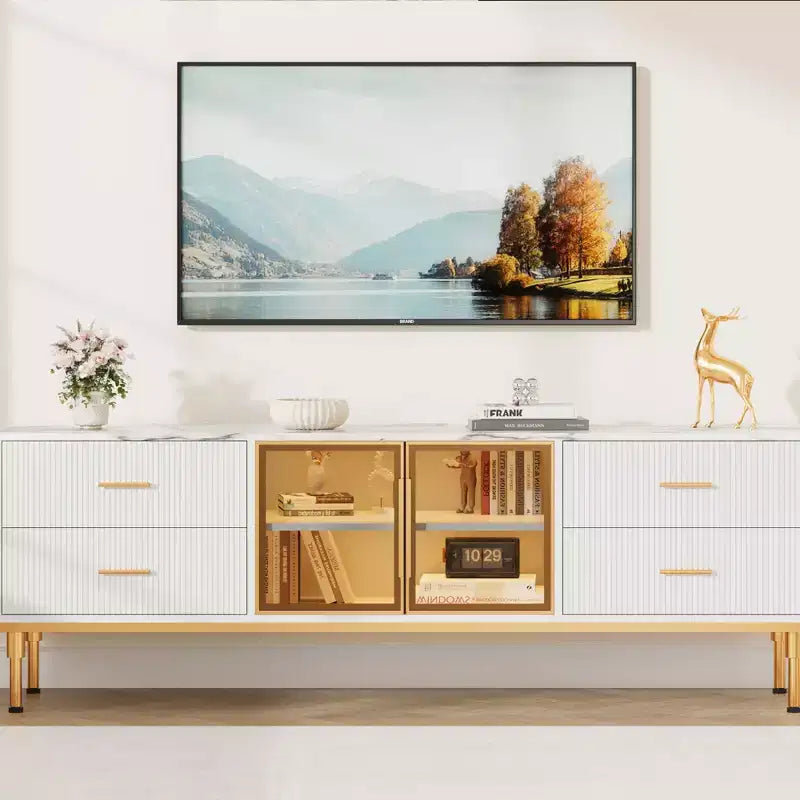 COZONY 66 Mobile TV scanalato, Centro di Intrattenimento Moderno per TV fino a 75 pollici, Consolle Media in Legno, 4 Cassetti e Porta in Vetro per Soggiorno