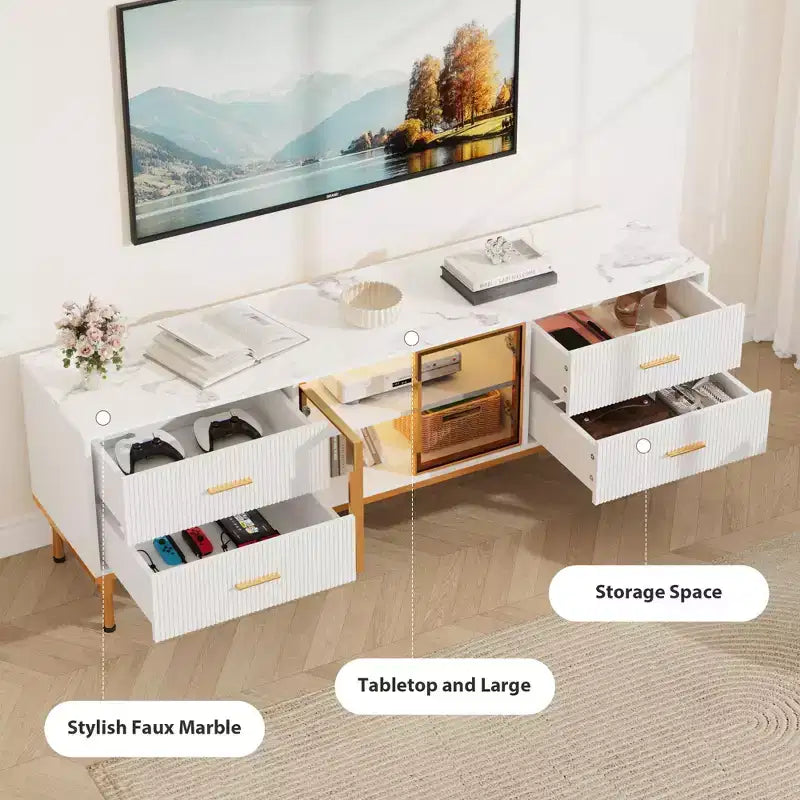 COZONY 66 Mobile TV scanalato, Centro di Intrattenimento Moderno per TV fino a 75 pollici, Consolle Media in Legno, 4 Cassetti e Porta in Vetro per Soggiorno