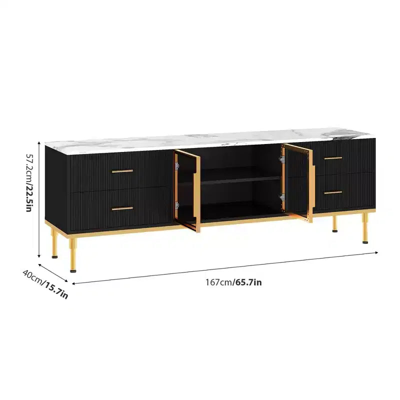 COZONY 66 Mobile TV scanalato, Centro di Intrattenimento Moderno per TV fino a 75 pollici, Consolle Media in Legno, 4 Cassetti e Porta in Vetro per Soggiorno