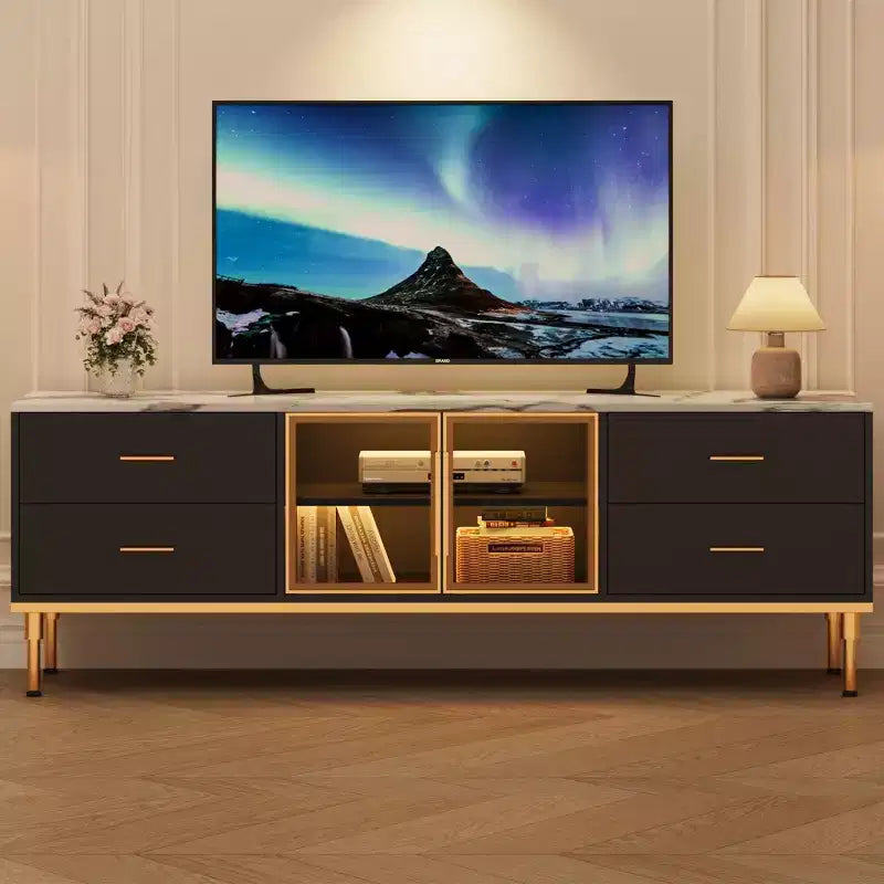 COZONY 66 Mobile TV scanalato, Centro di Intrattenimento Moderno per TV fino a 75 pollici, Consolle Media in Legno, 4 Cassetti e Porta in Vetro per Soggiorno
