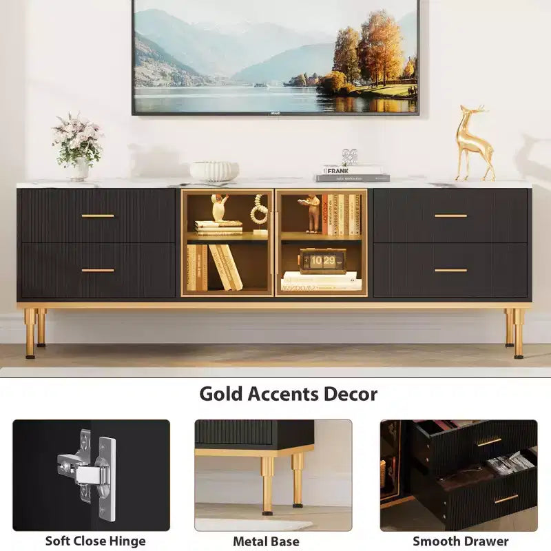 COZONY 66 Mobile TV scanalato, Centro di Intrattenimento Moderno per TV fino a 75 pollici, Consolle Media in Legno, 4 Cassetti e Porta in Vetro per Soggiorno
