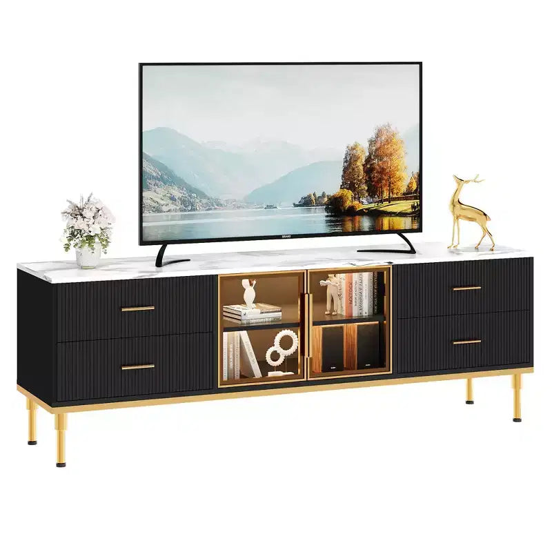COZONY 66 Mobile TV scanalato, Centro di Intrattenimento Moderno per TV fino a 75 pollici, Consolle Media in Legno, 4 Cassetti e Porta in Vetro per Soggiorno