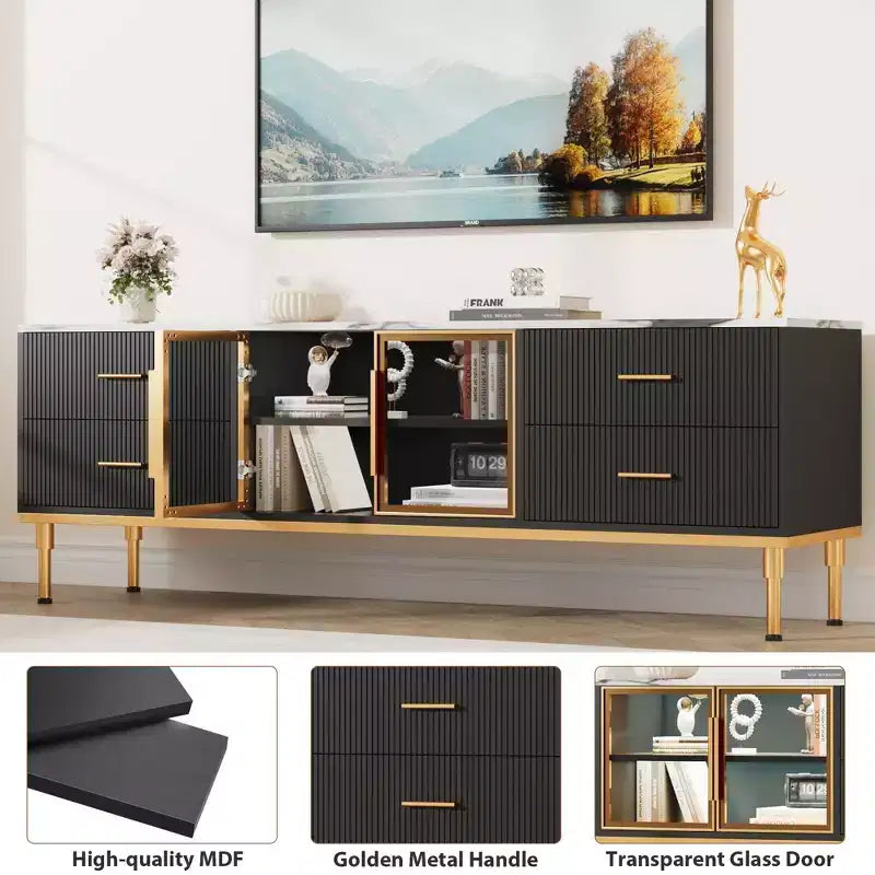 COZONY 66 Mobile TV scanalato, Centro di Intrattenimento Moderno per TV fino a 75 pollici, Consolle Media in Legno, 4 Cassetti e Porta in Vetro per Soggiorno