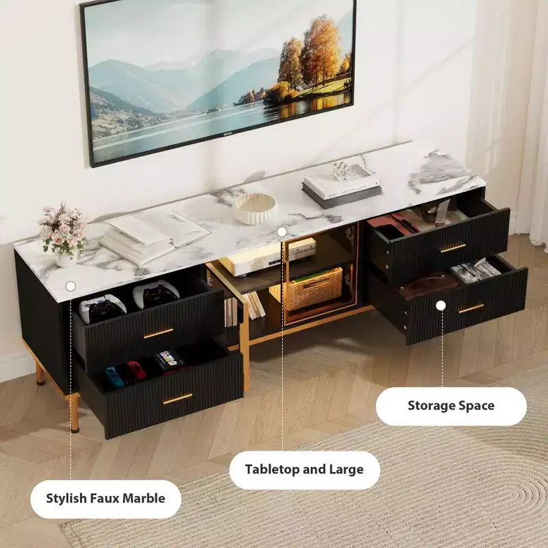 COZONY 66 Mobile TV scanalato, Centro di Intrattenimento Moderno per TV fino a 75 pollici, Consolle Media in Legno, 4 Cassetti e Porta in Vetro per Soggiorno