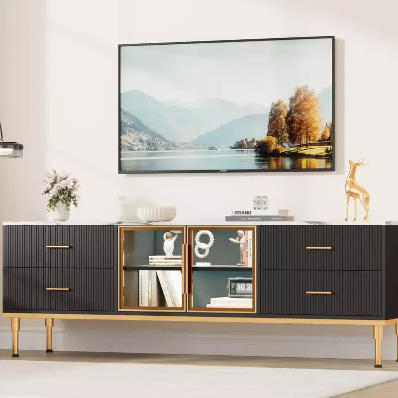 COZONY 66 Fluted TV Stand, Modern Entertainment Center for TVs up to 75, Wood Media Console, 4 Drawers & Glass Door for Living Room