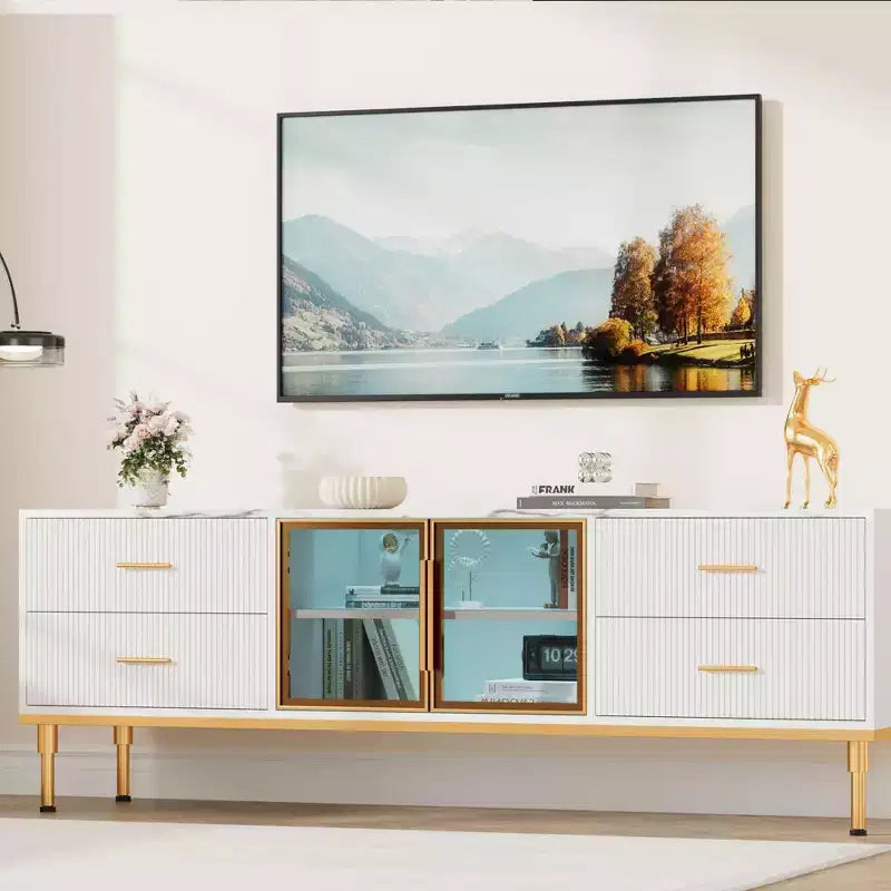 COZONY 66 Mobile TV scanalato, Centro di Intrattenimento Moderno per TV fino a 75 pollici, Consolle Media in Legno, 4 Cassetti e Porta in Vetro per Soggiorno
