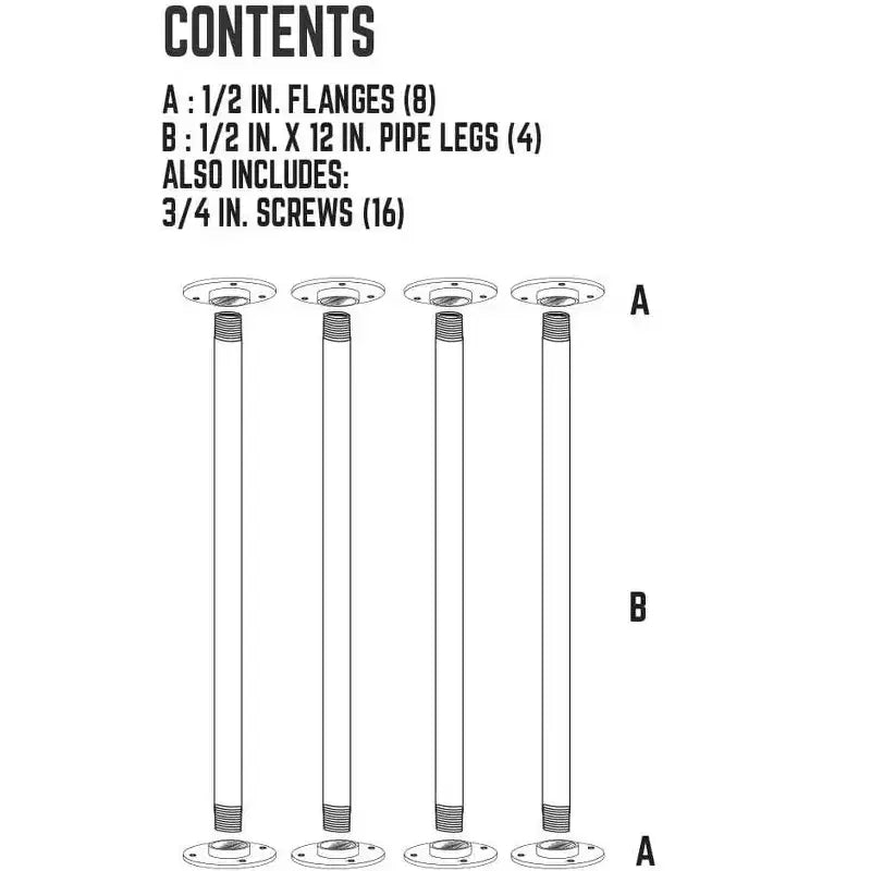 Pipe Decor 1/2 poll. x 12 poll. Gambe per tavolo in tubo con flangia rotonda - Confezione da 4